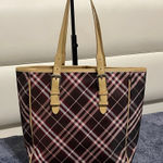 Burberry Blue Label Plaid Tote Bag with Tan Handles Photo 0