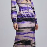 Silk Maison Maxi Dress Medium Purple Black Abstract Print Long Sleeve Cutout Purple Photo 0