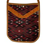 Vintage 90s Turkish Kilim Knit Leather Shoulder Bag Western Bohemian Southwest Tan Photo 3