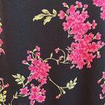 Bright pink and black floral elastic waist knee length skirt with flounce hem Photo 1