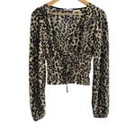 ZARA ✨ Black Cream Leopard Print Faux Wrap Smocked Long Sleeve V Neck Sz M Top✨ Photo 5
