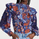 Farm Rio  Smocked Pineapple Flowers Long Sleeve Ruffle Top in Navy Blue Large Photo 0