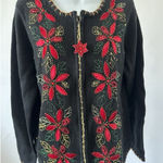 kim rogers Petite L Black Cardigan Christmas Sweater Beaded Poinsettias (b41) Photo 0