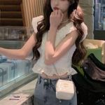 Japanese Kawaii Style White Lace Ruffle Heart Buttoned Pelpum Tank Top Blouse Photo 4