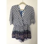 Lulus  Bright Alright Ivory Blue Print Romper Surplice Bodice Open Back Sz XL Photo 2
