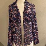 EXPRESS Sheer Floral Print Portofino Shirt Blue Pink Purple Small Photo 4