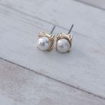 Vintage Stud Earrings Faux Pearl with Square Gold Tone Halo Photo 3