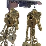 NWT 4" Light Gold Tone Key and Heart Locket Chain Dangle Earrings Photo 1