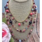 None Pretty Gold Tone Multi Strand Beaded Shades of Pink Boho Necklace 19" Layered Photo 1