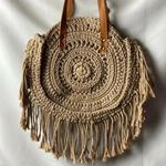 UNBRANDED MACRAMÉ PURSE DOUBLE STRAP VEGAN LEATHER STRAPS FRINGE CLEAN Tan Photo 5