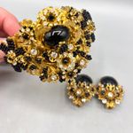Vtg M&M Designs Gold Tone Black Crystal Beaded Floral Bangle Bracelet Earring Photo 1