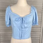 SheIn Cropped Off the Shoulder Blouse Puff Sleeve Tie Bust Blue-Large (8/10) Photo 0