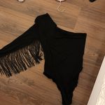 One Shoulder Fringe Bodysuit Black Photo 2