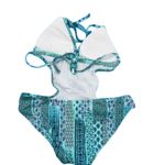 Lascana One Piece Swimsuit Paisley Floral Cutout Sides Halter Plunge Beach Swim Blue Size 2 Photo 2