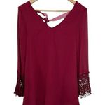 Umgee  USA wine v-neck crochet trim sleeve blouse with velour tie back bow size S Photo 0