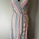 Indigo Rein Pastel Linen Blend Striped Button V Neck Midi Dress in Size Medium Photo 0