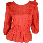 NEW YORK COMPANY NY&CO Red Floral Eyelet Ruffle 3/4 Sleeve Cotton Peplum Blouse Size XL Photo 0