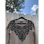 Karen Scott  petite medium Khaki‎ Beige Black Beads Pullover Sweater fairy top Photo 4