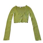 Double Zero  Size M Long Sleeve Plunge Neck Crop Green‎ Pointelle Knit Rib Fitted Photo 1