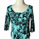 Dress Barn Y2K Floral Lace Top Black Turquoise 3/4 Sleeve Scoop Neck Blouse Large Photo 0