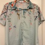 Green Tropical Bird Floral Button Up Shirt L Resort Vacation Retro Boho Blouse Blue Size L Photo 0