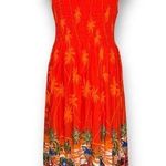 Vintage Maxi Dress Hawaiian Print Red Orange Smocked Top Tropical Macaw Medium Red Photo 0