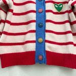 Striped Thick Knit Heart Patch 3/4 Sleeve Cropped Cardigan Sweater Red Photo 6