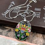 Handmade Boho Floral Oval Enamel Pendant Stainless Steel Necklace 20” Handcrafted Photo 2