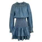 Michael Kors  Cotton Chambray Smocked Dress Blue Denim Ruffled Long Sleeve Sz XS Photo 3