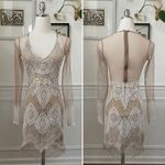 Luxxel White Crochet Lace Nude Mesh Sheath Dress Long Sleeves XS Photo 1