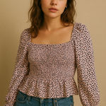 Who What Wear Womens Babydoll Top Size M Pink Black Smocked Milkmaid Boho Romantic Long Sleeve Photo 0