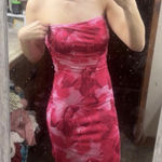 Pink floral long tight dress with slit on side Photo 0