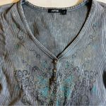Apt. 9  Gray Ribbed Top with Turquoise and Rhinestone Butterfly Whimsigoth Photo 9