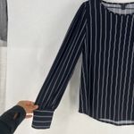 Ann Taylor  Blouse Top Womens Medium Petite Navy Blue White Striped Puff Sleeve Photo 4