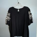 Anne Klein  Cotton Black Blouse With White Embroidery Short Puffed Sleeves XL Photo 7