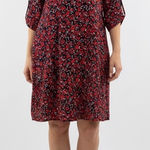 New York Company Floral Print Shirt Dress Navy Red XL Roll Tab Sleeve Photo 0