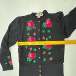 Vintage UMI COLLECTIONS Black Pink Rose Appliqué Cardigan & Silk Skirt Set Med Photo 6