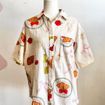 Bakery Print Novelty Camp‎ Shirt Bread Pastry Button Up Quirky Food Print Small Photo 0