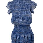 AQUA Blue Floral Smocked Mock Neck Short Flutter Sleeve Mini Blouson Dress Sz XS Photo 0