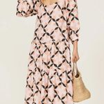 The Odells Dress Womens X Small Pink White Geo Print Lyla Motif Midi Puff Sleeve Size XS Photo 0