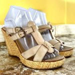 Sundance Beige Leather Open Toe Woven Wedge Heel Slides Size 38 Sandals Tan Photo 0