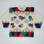 Vintage 80s Brandon Orange & Teal Floral Embroidered Sweater Size L Photo 1