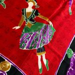 Vintage 100% silk scarf with world dance motif. Handmade. 34.5 inch square. Red Photo 2