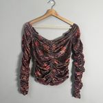 Free People  Reina Floral Velvet Off the Shoulder Top Women's Small Brown Ruched Photo 3