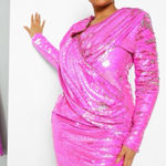 Boohoo  Pink Iridescent Sequin Draped Long Sleeve Bodycon Mini Dress Size 14 Photo 0
