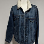 Good American  Denim Jacket Sherpa Collar Jean Trucker Jacket size 2/3‎ Women's Photo 0