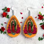 Rose Flower Virgin Mary Print‎ Teardrop Dangle Earrings Faux Leather Orange Photo 4