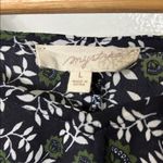 Mystree  Boho Navy Green Floral Tassel Sleeve V-Neck Blouse Size L Photo 4