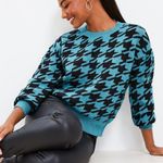 Loft ANN TAYLOR Petites Houndstooth Sweater Teal Blue Black Drop Shoulder PETITE Photo 2