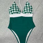 Cupshe  Gingham Lace Up One Piece Swimsuit Green White Print Medium NWT Photo 2